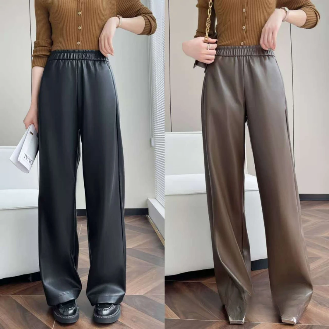 LI`NIULADY/历妞女人时尚休闲百搭高腰显瘦宽松直筒女款皮裤-805