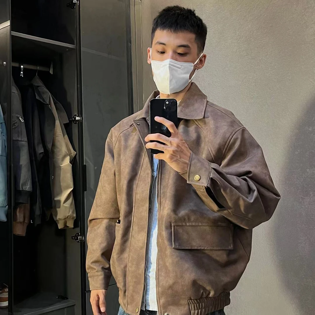 重头来过美式棕色皮衣外套秋季穿搭复古风宽松休闲垫肩飞行员夹克