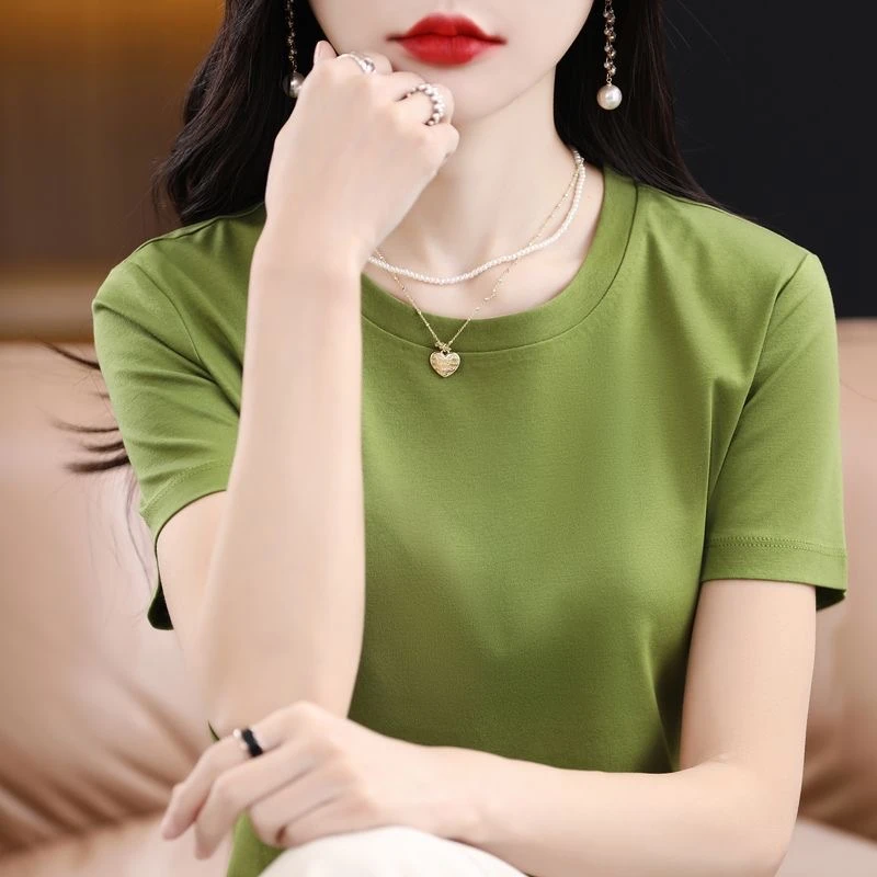 80支双面丝光棉短袖T恤女免烫凉感百搭宽松上衣上衣