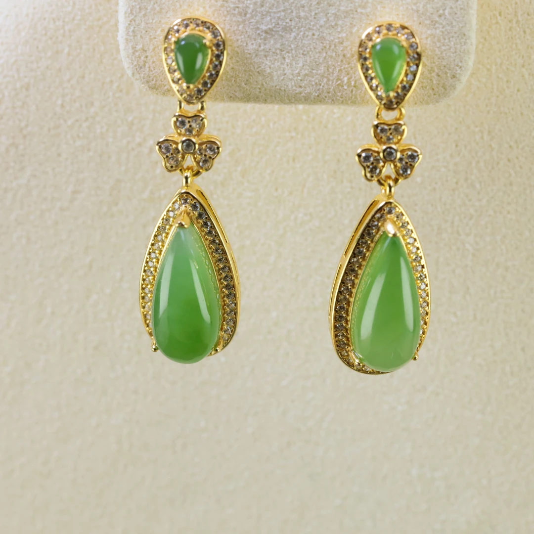 佳言珠宝S925银镶碧玉水滴耳环#PBXCC130316