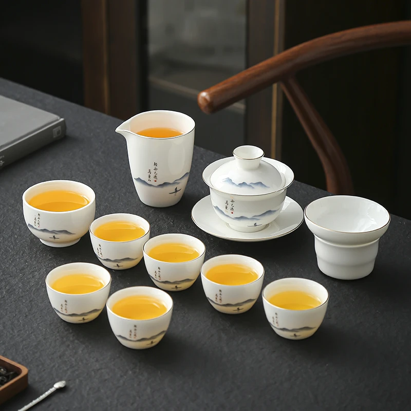 晟翔陶瓷茶具套装羊脂玉瓷轻舟盖碗10头加主人杯
