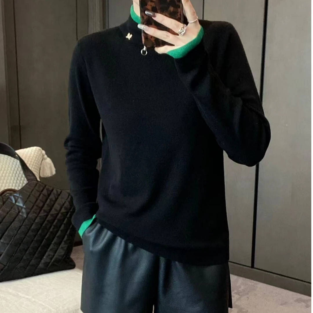 花花/3889-设计高级感撞色拼接女显瘦针织气质打底衫