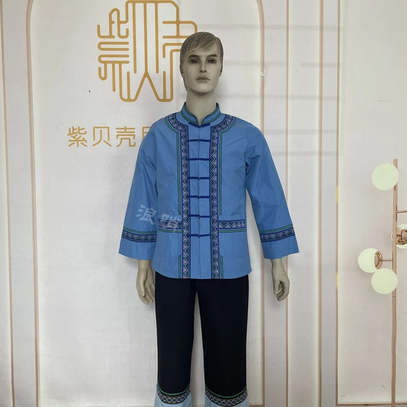 男款民族服装布依族新款大方显大气土布涤纶立领上衣套装传统