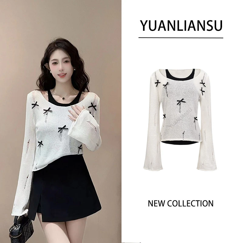 YUANLIANSU/圆脸酥【青慕苏苏】早秋新款蝴蝶结破洞假两件针织衫女