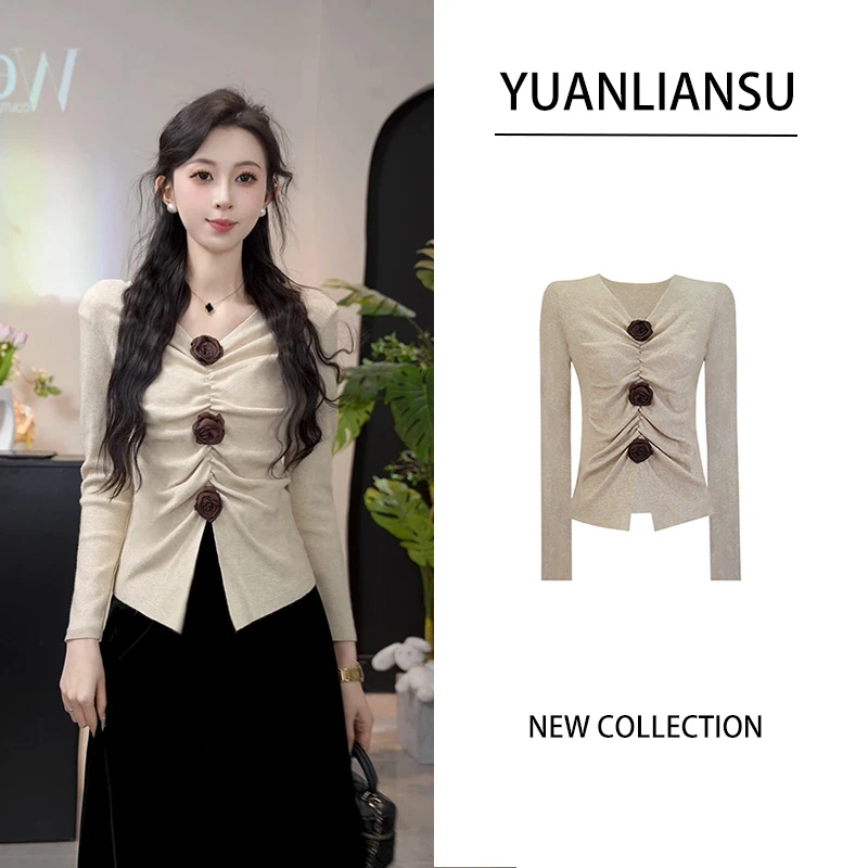 YUANLIANSU/圆脸酥【山城玫瑰】法式纯欲设计感V领修身显瘦针织衫