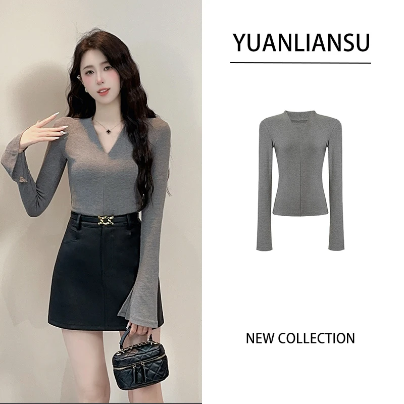 【现货】【星川落子】秋季新款气质长袖百搭V领显瘦上衣女