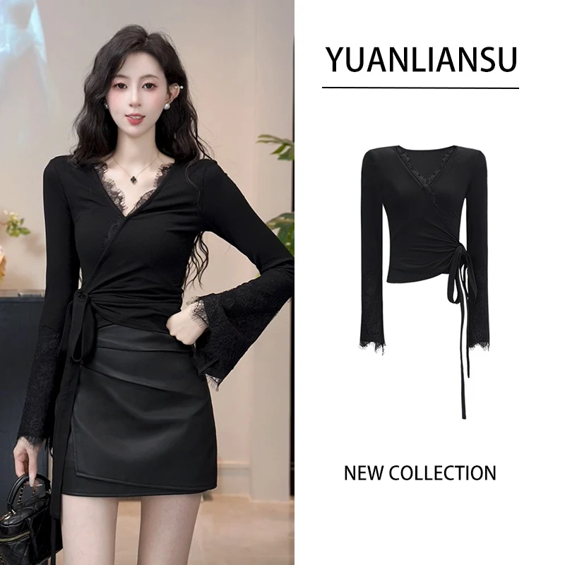 【墨染锦瑟】秋冬新款蕾丝设计感V领显瘦针织衫