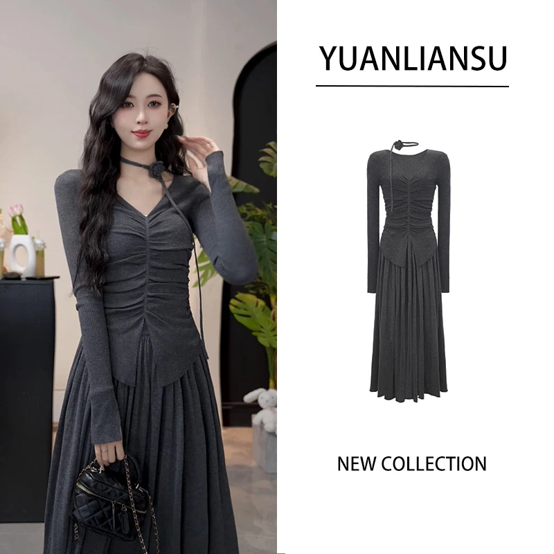 YUANLIANSU/圆脸酥【青苍】秋季新款V领上衣+半身裙两件套3205+3218