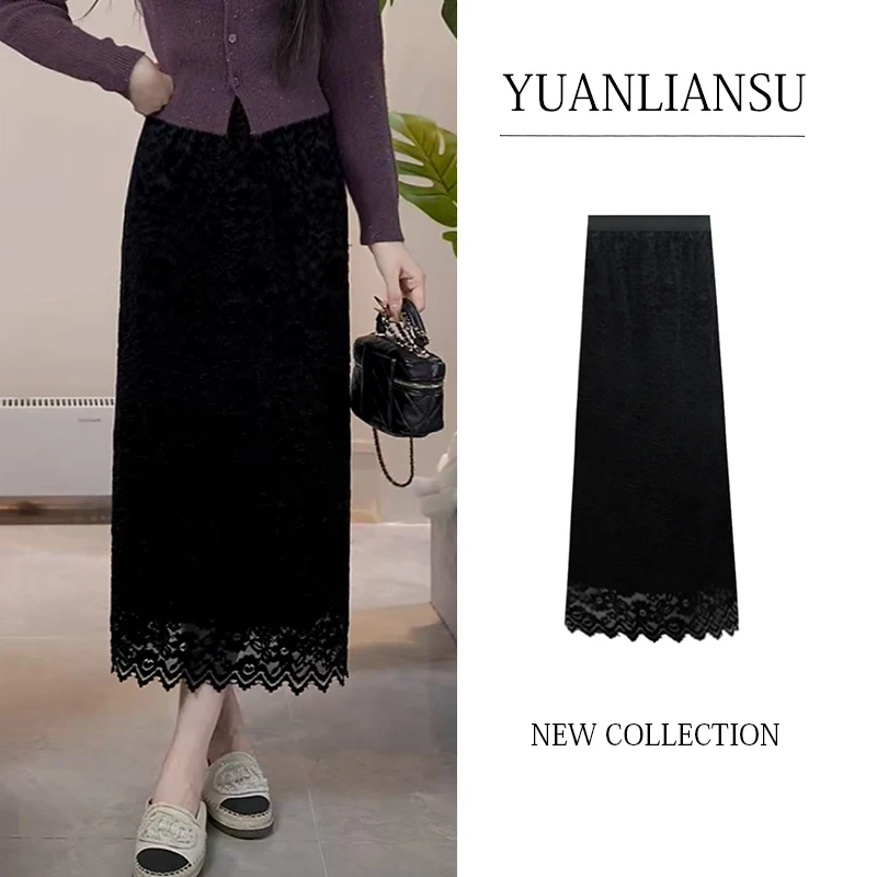 【青苍】秋冬高级感植绒钩花蕾丝高腰半身裙