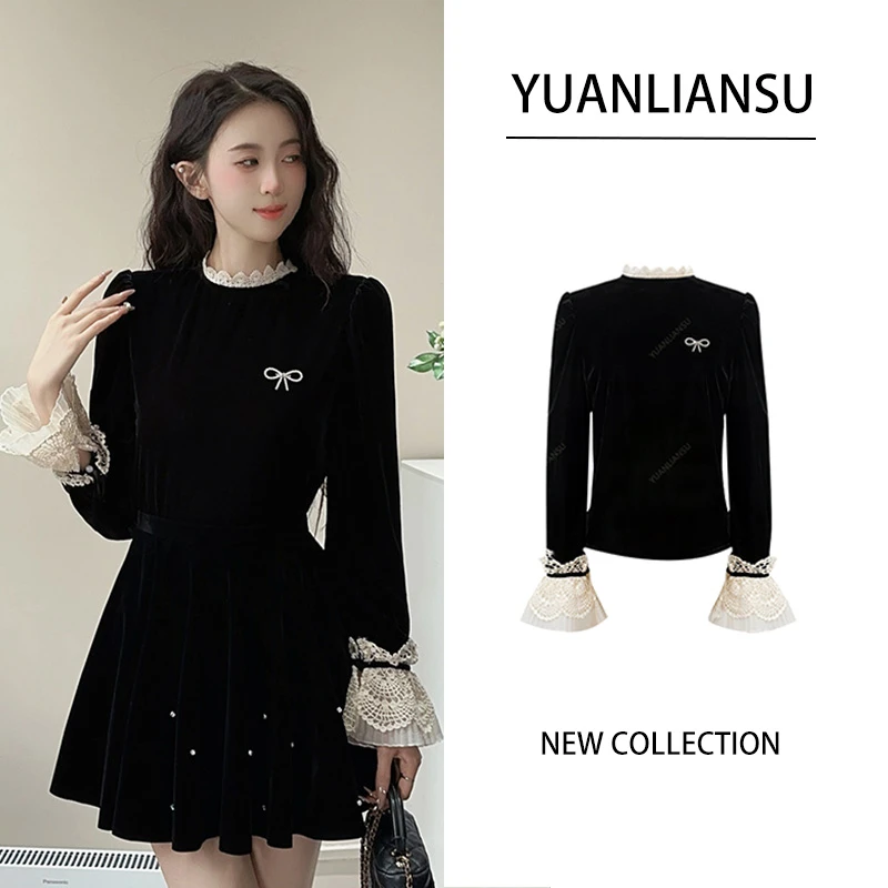 【布蕾甜茶】法式蕾丝拼接荷叶边丝绒小众长袖衬衫女