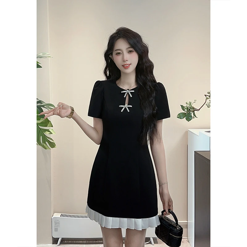 YUANLIANSU/圆脸酥【午茶小调】千金风蝴蝶结泡泡袖高级感小黑裙女