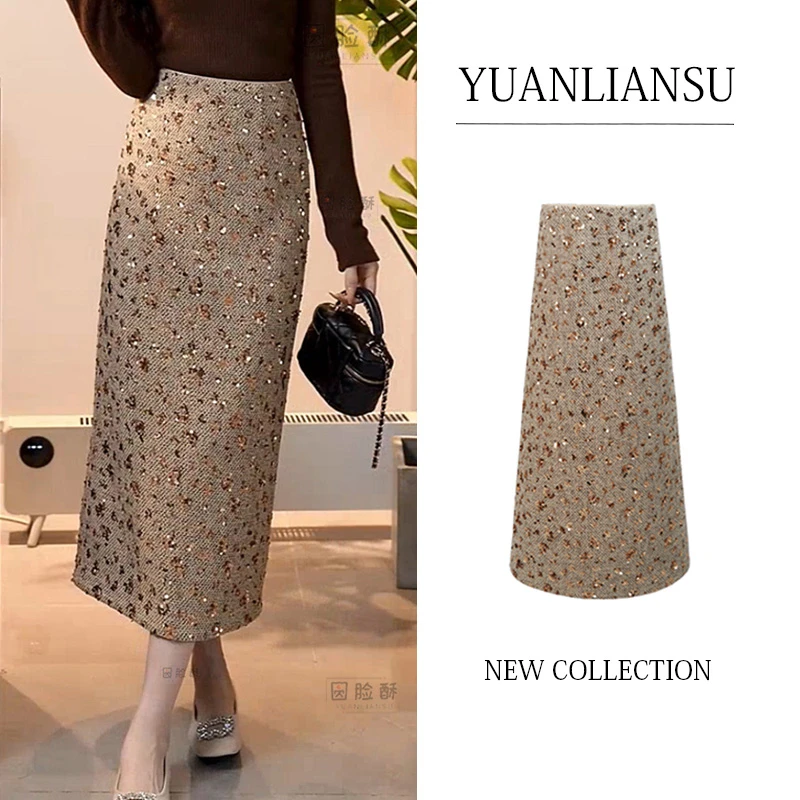 YUANLIANSU/圆脸酥【冬眠浅忆】小香风高腰显瘦亮片半身裙Y398-1
