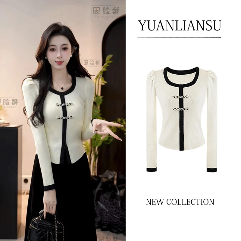 YUANLIANSU/圆脸酥【山樱漫岛】秋冬新中式国风撞色修身显瘦针织衫