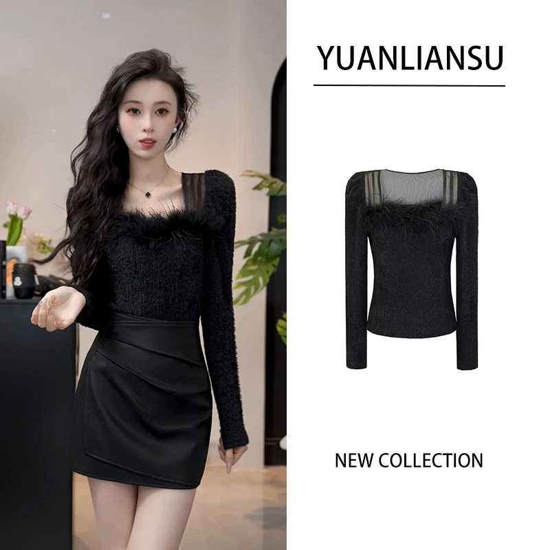YUANLIANSU/圆脸酥【星野灿烂】法式拼接网纱黑色方领长袖打底衫女