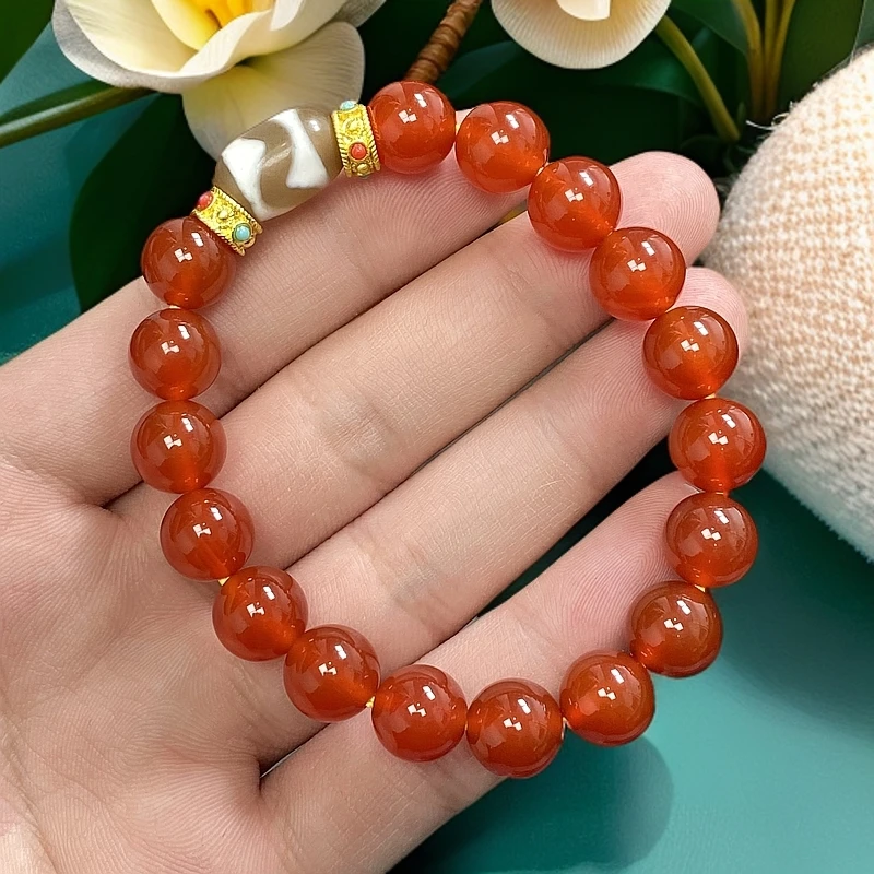 尺寸约10mm17颗天然正品玛瑙玉石柿子红冰凤血设计款藏珠手串