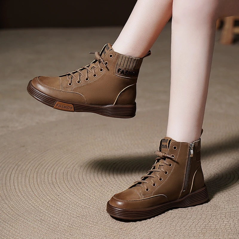 【大雨儿】新款马丁靴真皮靴子休闲高帮英伦风靴子加绒短靴百搭女鞋