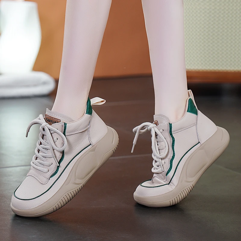 2023秋季新款真皮高帮软底内增高百搭厚底休闲时尚纯色系带女鞋