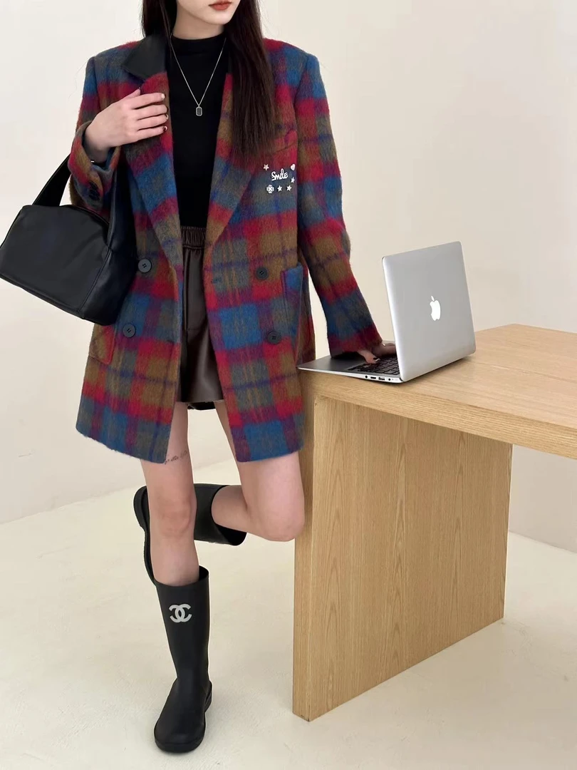b-735中长款大衣气质时尚休闲百搭格子秋冬女士翻领小香风格纹