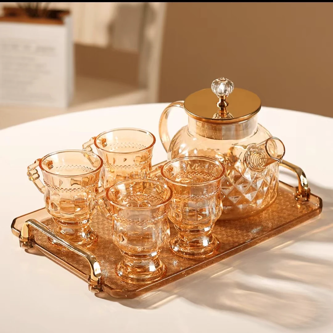 琥珀欧式轻奢高档水具套装家用煮茶套装一壶四杯送托盘花瓶