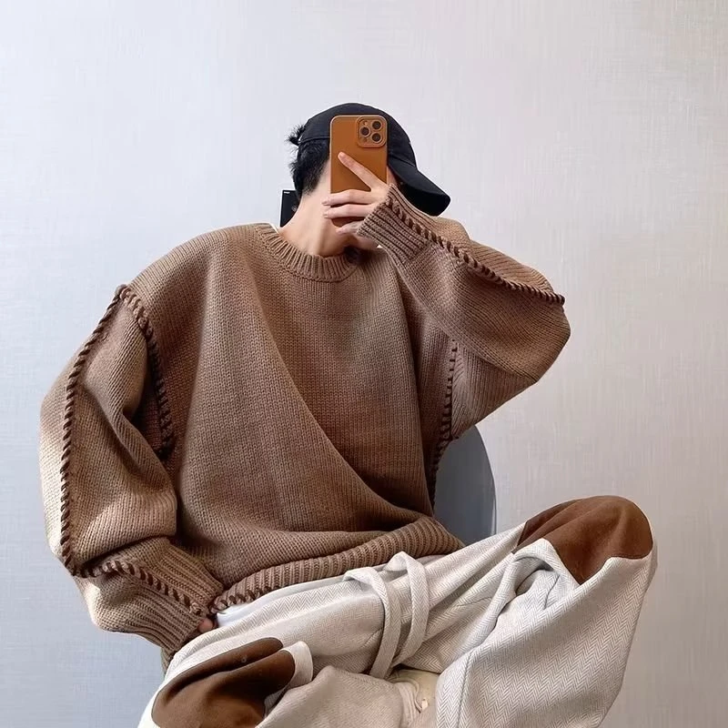 秋冬季潮牌针织衫复古宽松重磅慵懒风手工穿线咖啡色大毛衣男外套