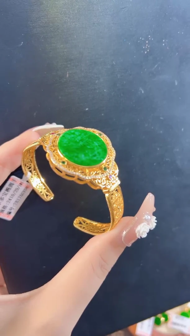 【闪购商品】翡翠手镯银S925镀金镶嵌天然缅甸翡翠A货手镯