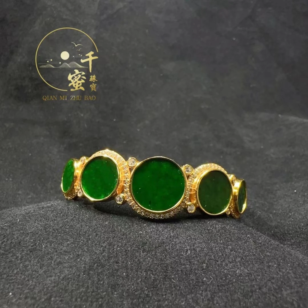 千蜜珠宝严选 缅甸翡翠A货满绿圆牌镶钻五福临门复古镶嵌简约手镯