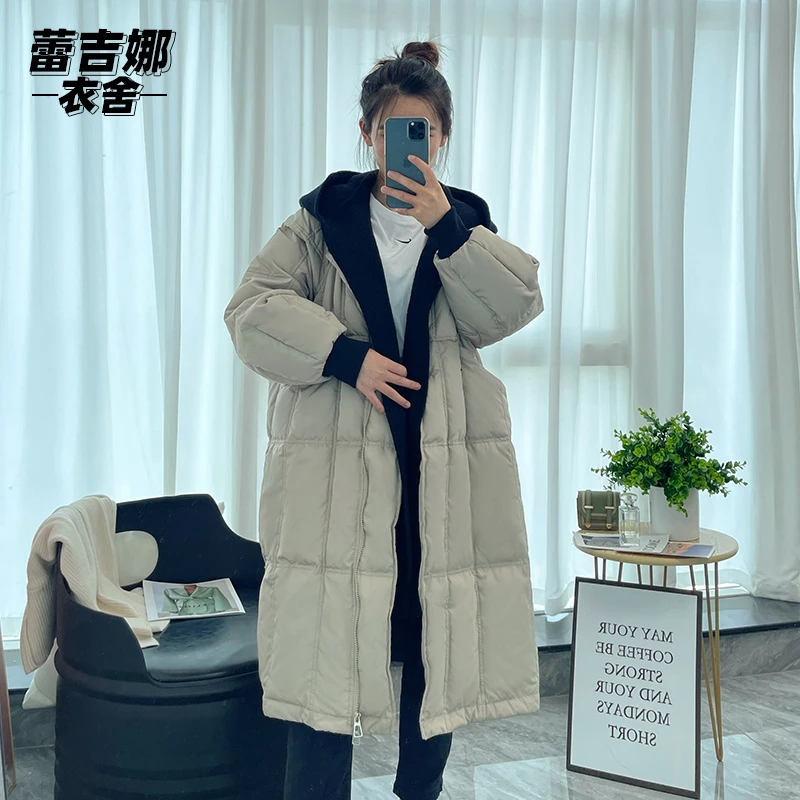 蕾吉娜衣舍新款过膝羽绒服女正品反季爆款冬季连帽长款保暖外套