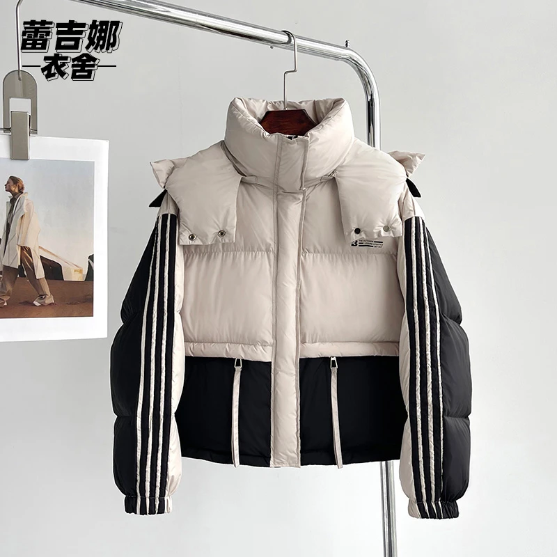 蕾吉娜衣舍新款时尚运动短款鸭绒羽绒服小个子冬季女生连帽面包服