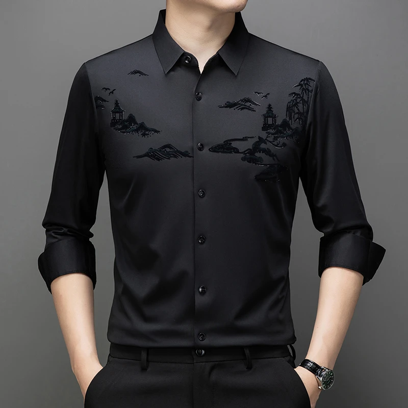 施凯森春秋新款男士高档植绒长袖衬衫高弹力抗皱免烫商务休闲衬衣