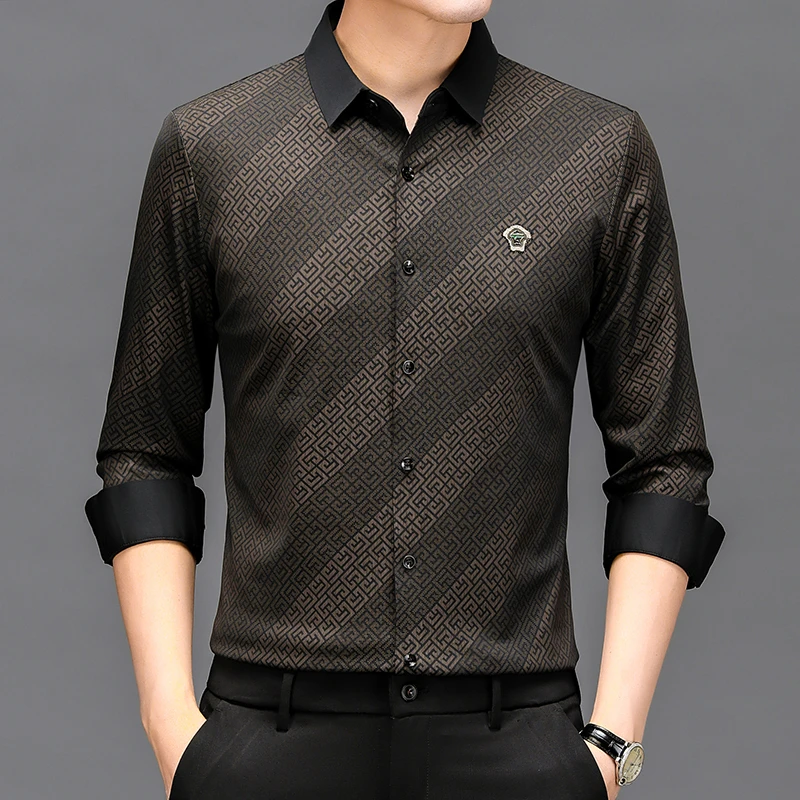 施凯森男士无痕长袖衬衫男士春秋新款高弹力商务休闲免烫中年衬衣