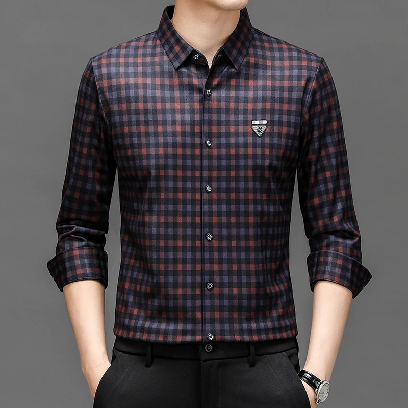 施凯森秋季新款衬衣中年格子印花商务休闲无痕衬衫男长袖宽松衬衣