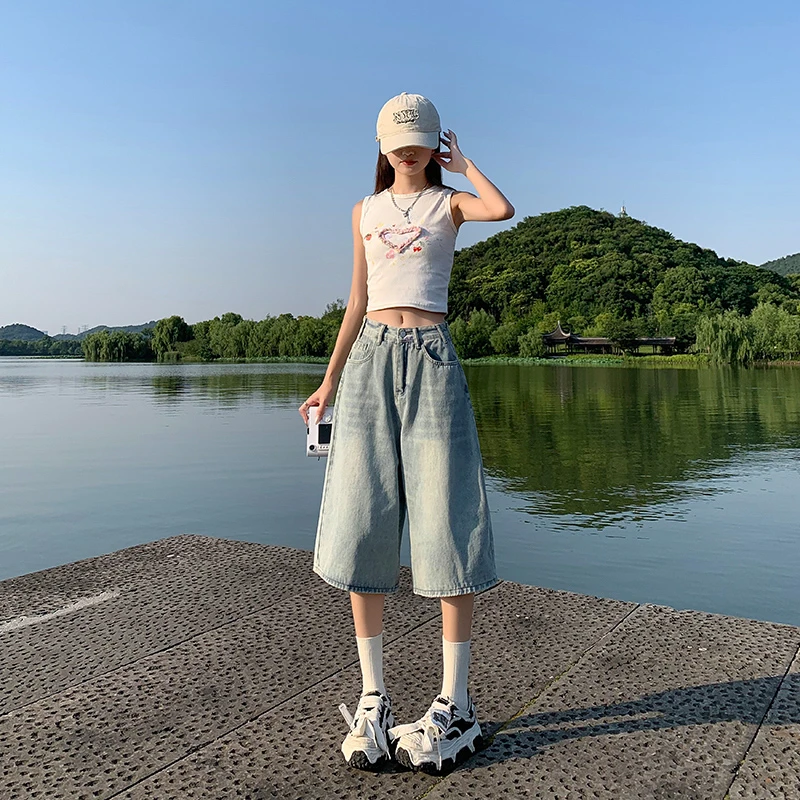 浅蓝高腰七分阔腿牛仔裤女夏季薄款显瘦百搭宽松小个子垂感直筒裤