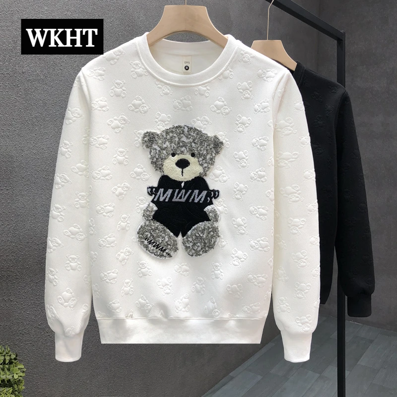 2025秋季新款卫衣男潮牌刺绣小熊长袖t恤秋冬加绒男士内搭打底衫
