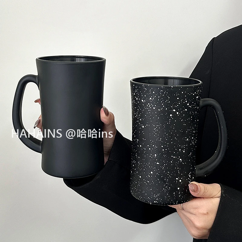 创意把手磨砂黑满天星玻璃杯大容量家用杯子高颜值水杯啤酒杯茶杯