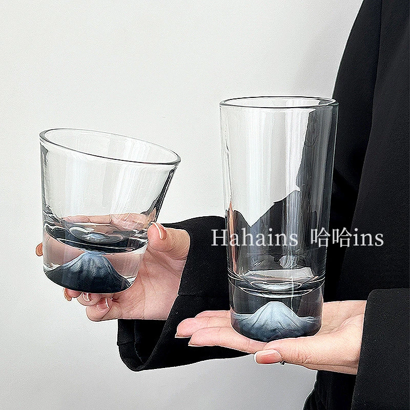 蓝黑色小众透明家用富士山杯高颜值威士忌玻璃酒杯咖啡专用杯子