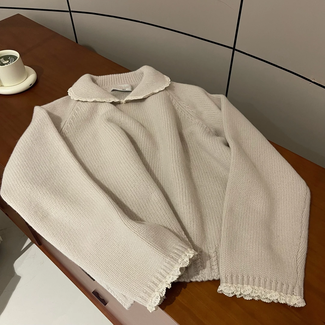 新款气质休闲纯色简约花边毛衣Z091017