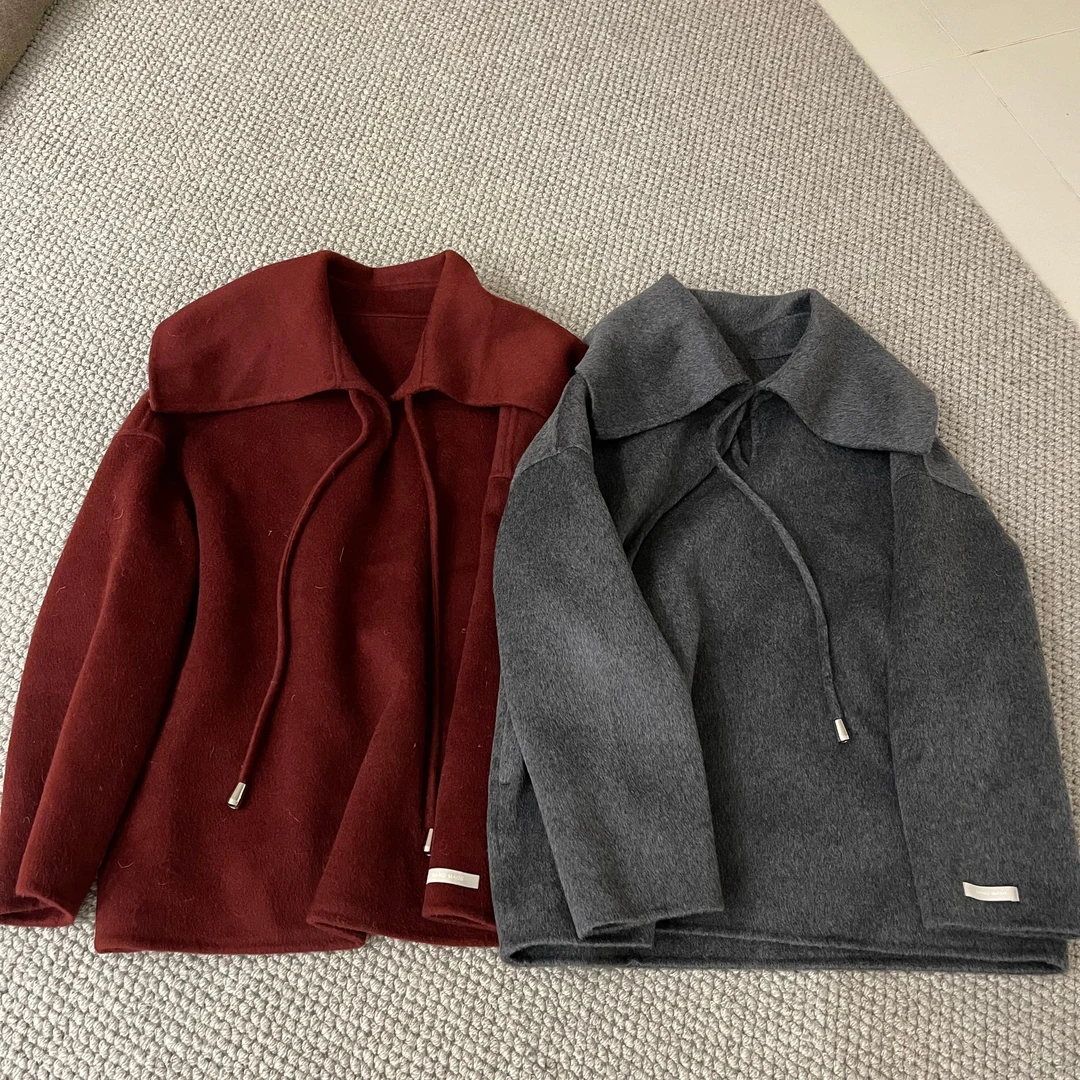 新款气质简约长袖连帽简约毛呢大衣外套DY5692