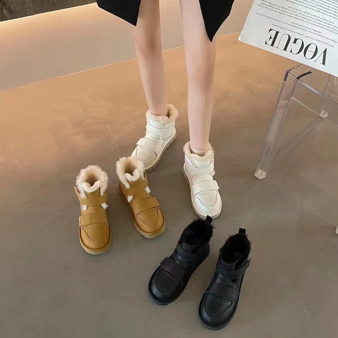 爱丽家新款纯色百搭保暖魔术贴加绒雪地靴22022