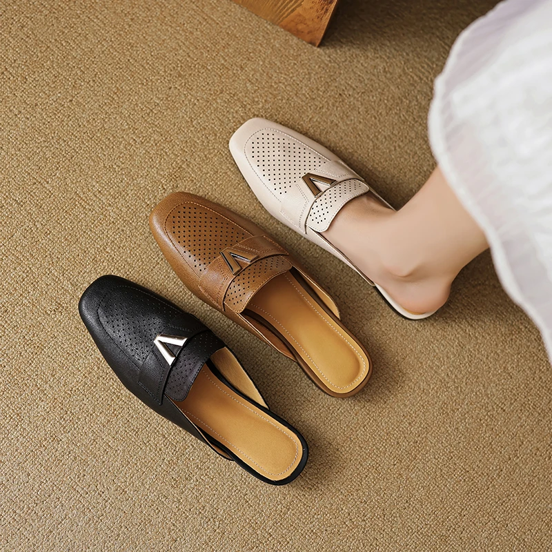 法式复古镂空百搭女夏季真皮圆头平底透气懒人穆勒凉拖半拖凉鞋