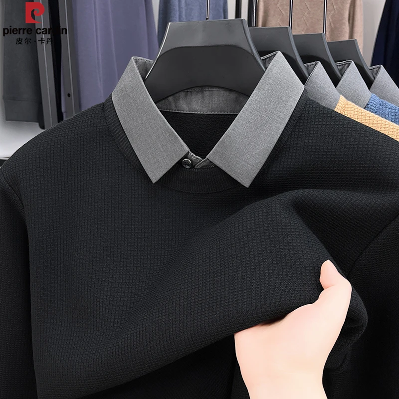 皮尔卡丹加绒加厚假两件毛衣男2025秋冬上衣衬衫领针织打底衫男装