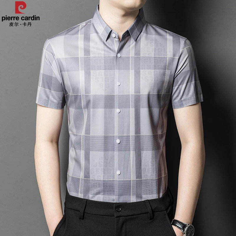 皮尔卡丹短袖衬衫男高级感冰丝印花免烫衬衣夏季中年大码爸爸寸衣