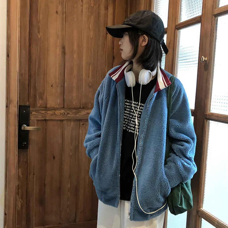 银河汽水 撞色羊羔毛外套女2021年秋冬季宽松加厚复古翻领上衣