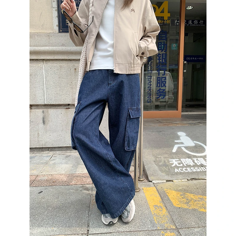 银河汽水秋季拖地长裤直筒裤高腰阔腿裤洗水工装牛仔裤女