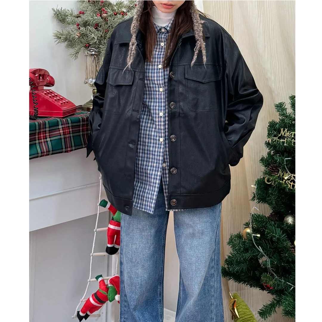 银河汽水 基础口袋设计宽松皮衣2302543Y