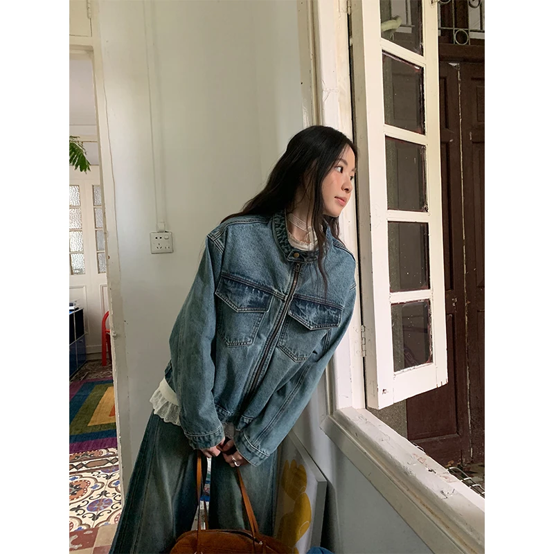 银河汽水 小个子宽松立领拉链牛仔外套女2402667Y