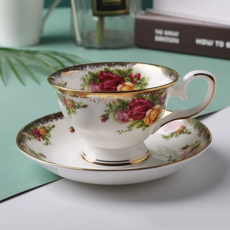唐甄选唐山骨瓷-英式玫瑰系列咖啡杯碟套装陶瓷描金精致高档杯碟