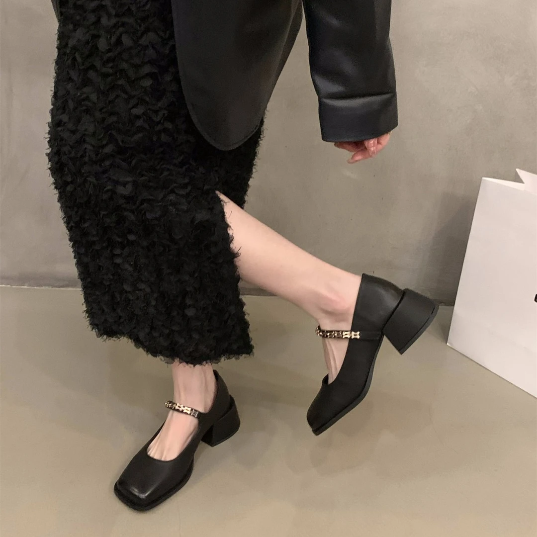 UHCK粗跟高跟鞋黑色玛丽珍小皮鞋女鞋子2025新款春秋冬季法式晚晚