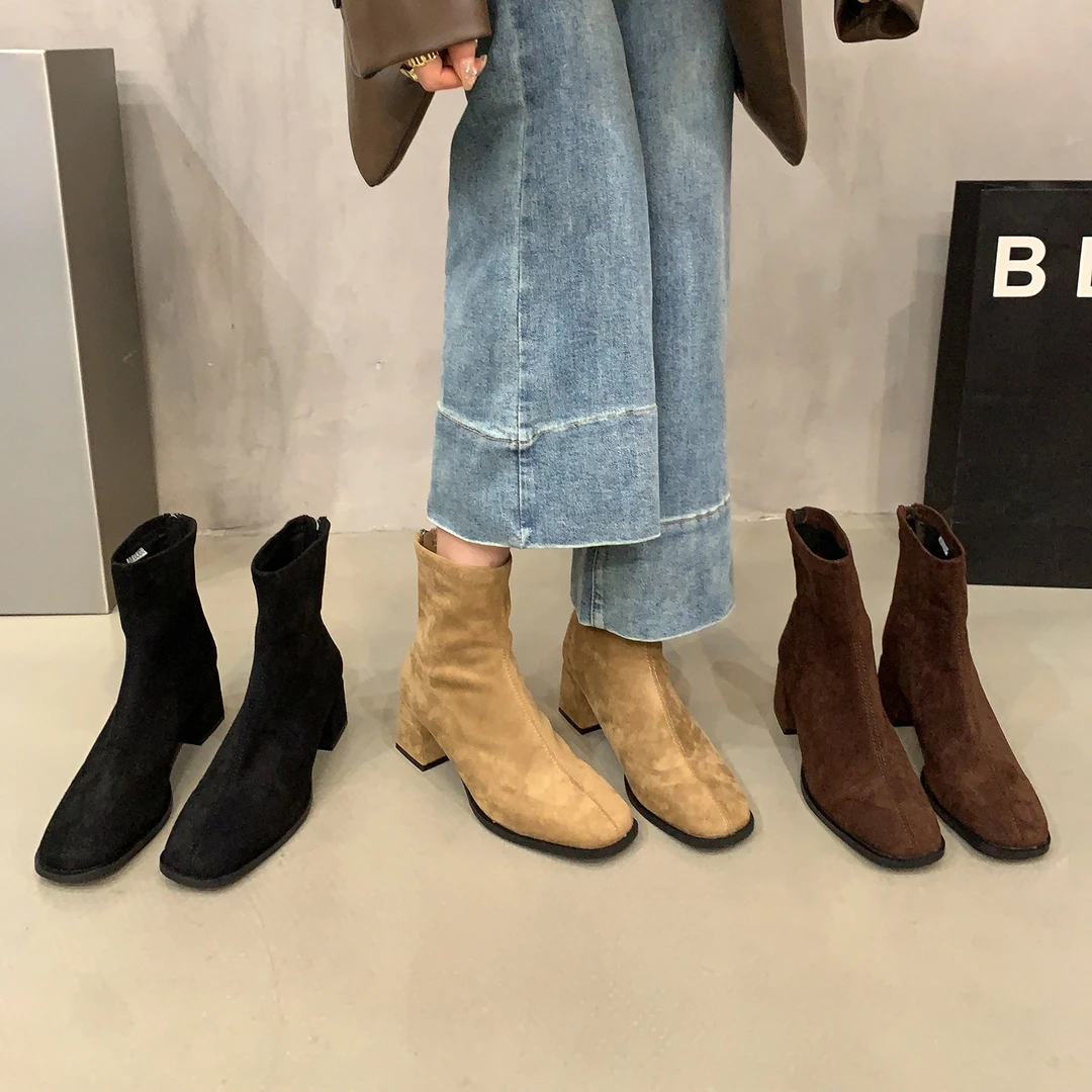 UHCK粗跟卡其色瘦瘦靴小短靴女鞋2024新款秋冬季韩系洋气踝靴马丁