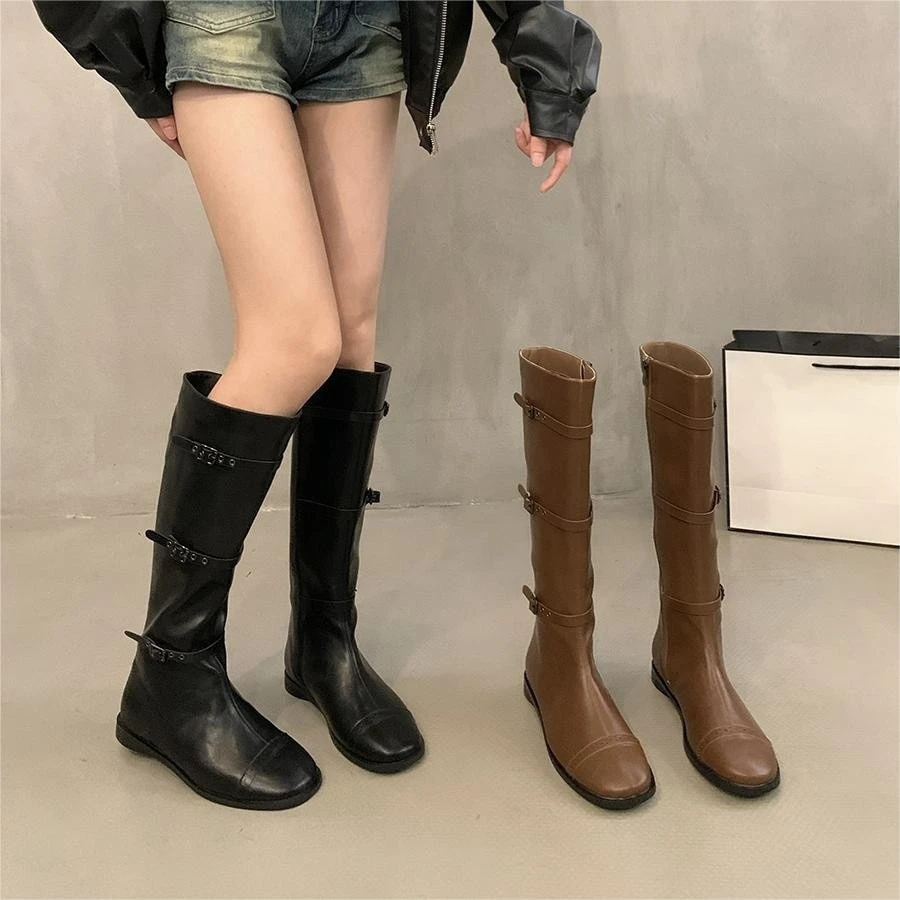 UHCK棕色靴子低跟西部长靴女鞋2025年春秋冬季复古美拉德长筒骑士