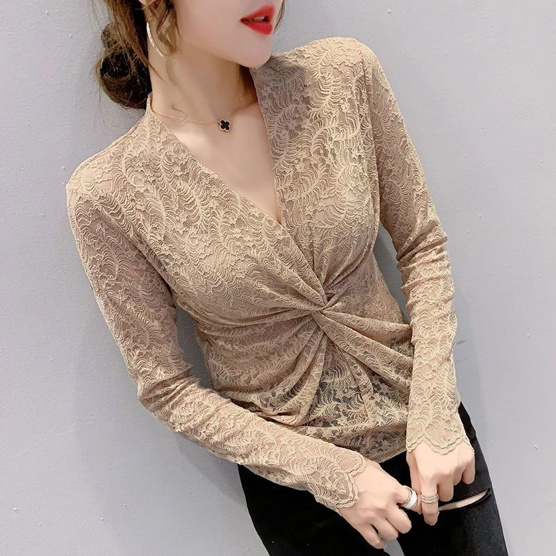 性感镂空V领蕾丝衫女长袖秋装时尚扭结洋气质上衣紧身内搭打底衫